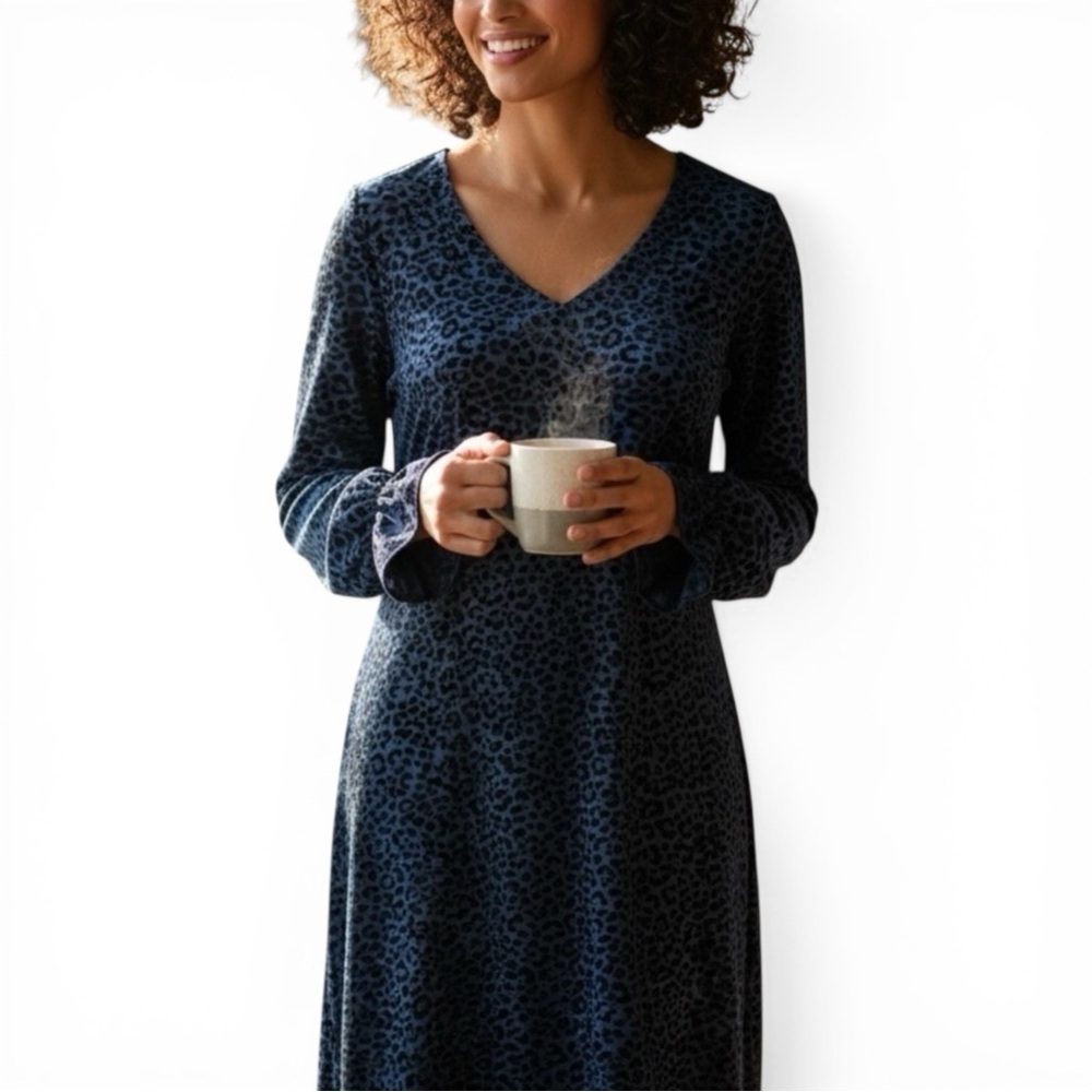 Nine West Navy Blue Animal Print Long Sleeve V-Neck Dress Size 14